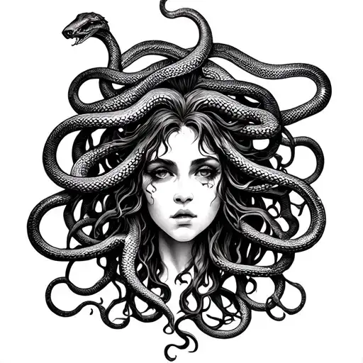 medusa, 12 snakes and one with two snake heads tattoo design idea