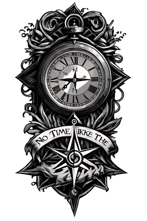 "No Time Like The Present" clock and a compass rose tattoo design idea