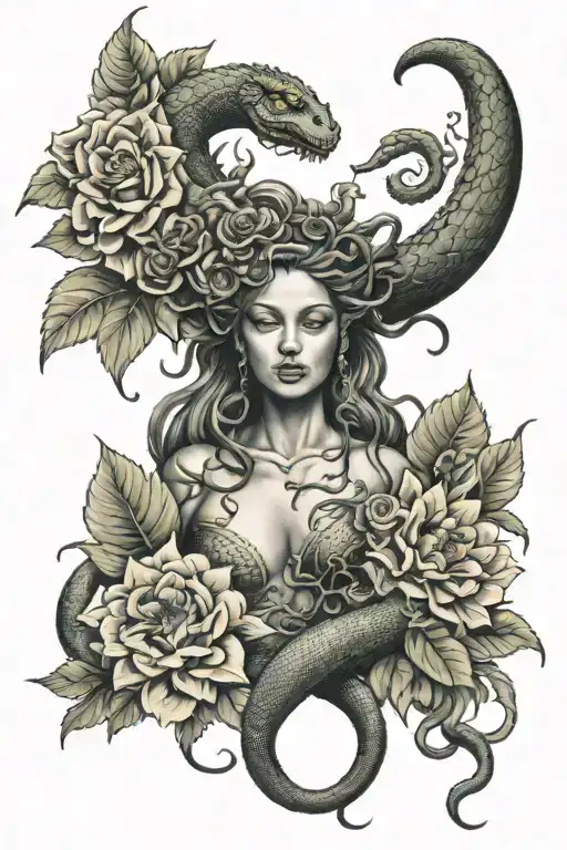 full body medusa with large snake wrapping around body surrounded by roses lilies and sunflowers tattoo design idea
