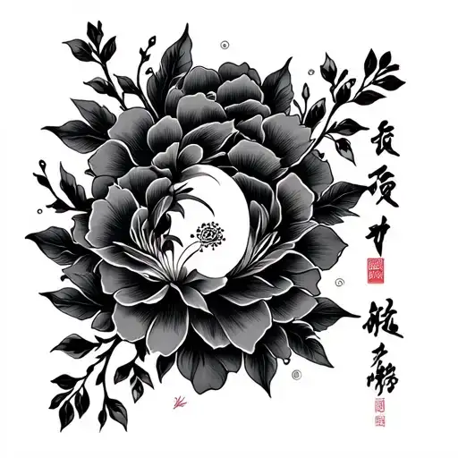 irezumi sleeve tattoo black and grey style minimalist with some flowers tattoo design idea