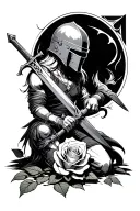 fullybody angle with full helmet holding a sword kneeling over a rose in the ground  tattoo design idea