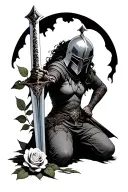fullybody angle with full helmet holding a sword kneeling over a rose in the ground  tattoo design idea