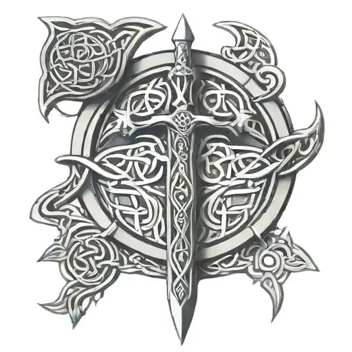 Celtic sword through Celtic shield knot design incorporated with Celtic family knot tattoo design idea