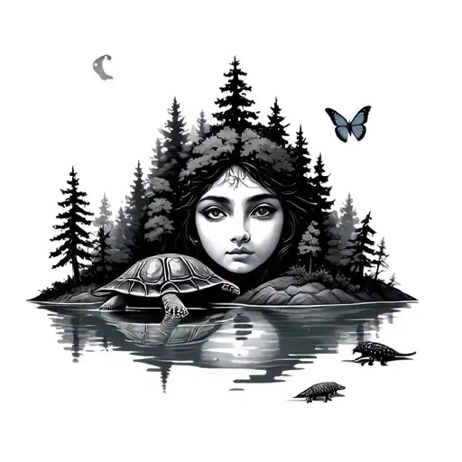 a forest with water and land on the land a turtle reflecting from the water a face with a butterfly and pine trees  tattoo design idea