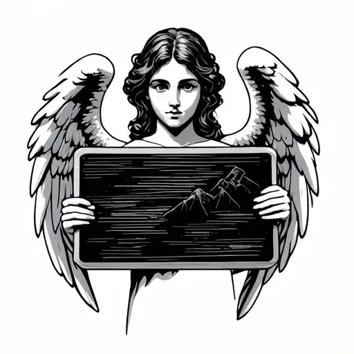 Angel holding a board — minimalist outline version to fit the patchwork look tattoo design idea