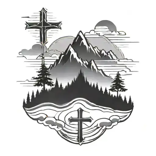 mountain range silhouette with a cross, snow and trees while also having a heartbeat  tattoo design idea