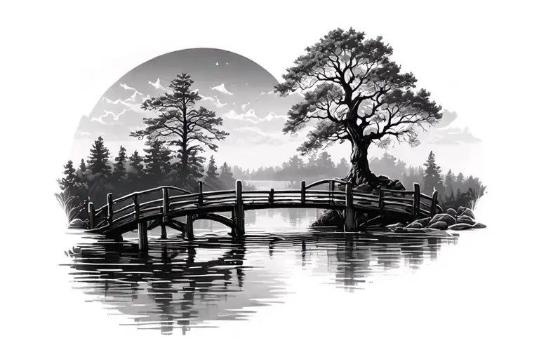 tree and water and wooden bridge tattoo design idea
