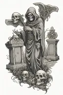 gothic grim reaper in graveyard scene with tombstones tattoo design idea