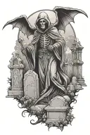 gothic grim reaper in graveyard scene with tombstones tattoo design idea