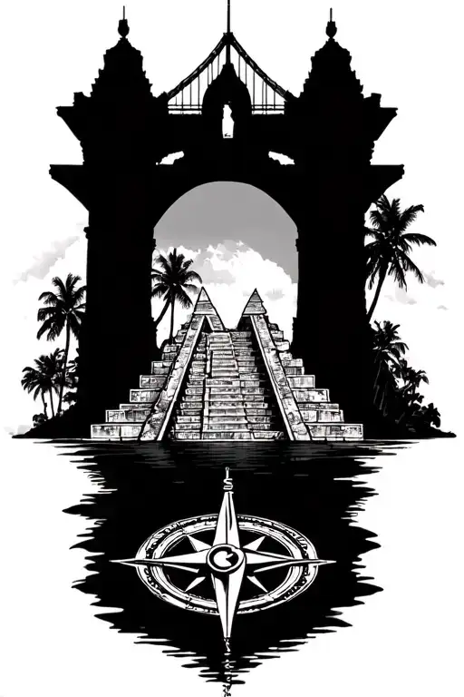 sydney harbour bridge, chichen itza, bali temple, tuk tuk, goa boat, compass tattoo design idea