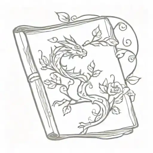 Small Book with magic, flowers/vines and dragons coming out of it tattoo design idea