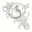 Small Book with magic, flowers/vines and dragons coming out of it tattoo design idea