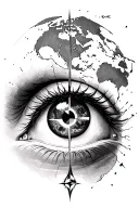 eye with world map and compass tattoo design idea