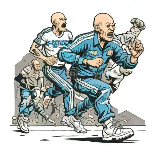comic police hooligans riot casuals blue white ultras bald heads beer Adidas shoes stadium tattoo design idea