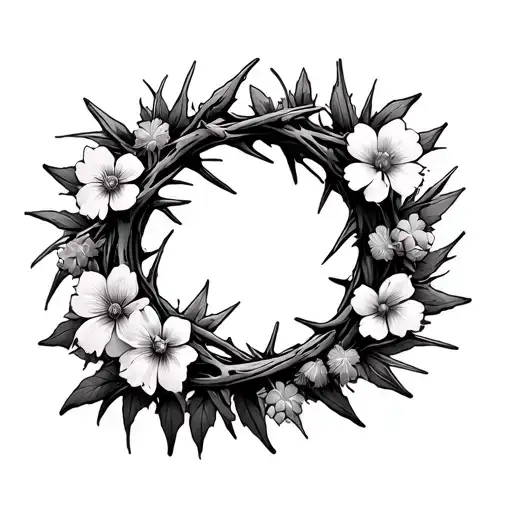 feminine small crown of thorns with wild flowers growing tilted tattoo design idea