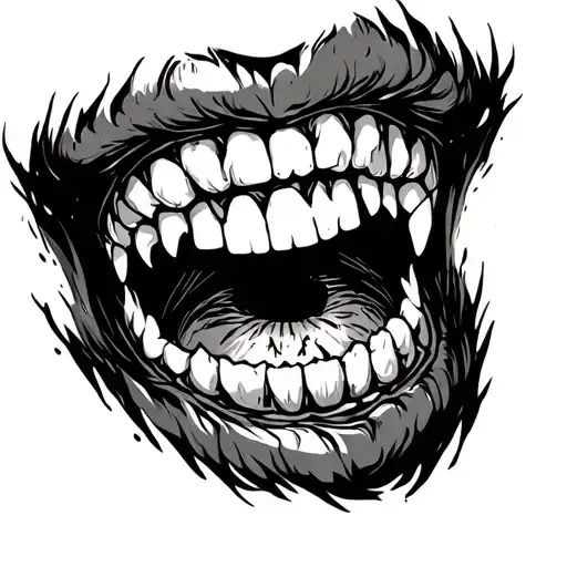 Creepy dark mouth with sharp teeth opening up with eye in the middle tattoo design idea