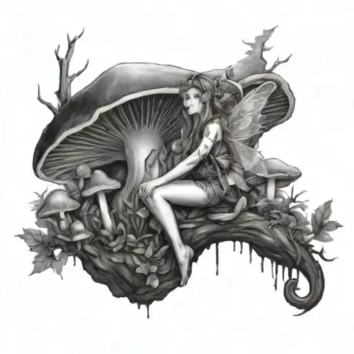 fairy in woods on mushrooms tattoo design idea