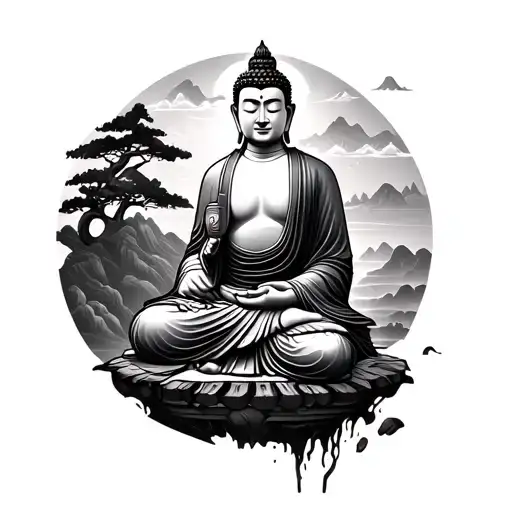 Buddha with landscape and a samurai blacksmith tattoo design idea