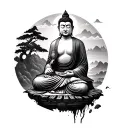 Buddha with landscape and a samurai blacksmith tattoo design idea
