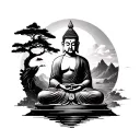 Buddha with landscape and a samurai blacksmith tattoo design idea