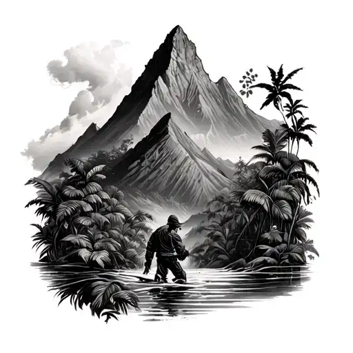 Hustler on the back of the forearm then wraps around with a jungle themed and a mount peak on the shoulder with a waterf tattoo design idea