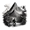 Hustler on the back of the forearm then wraps around with a jungle themed and a mount peak on the shoulder with a waterf tattoo design idea