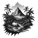 Hustler on the back of the forearm then wraps around with a jungle themed and a mount peak on the shoulder with a waterf tattoo design idea