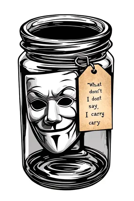Bottle with a theatrical Mask Inside With a tag with the quote “What I don't say, I carry"  tattoo design idea