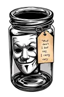 Bottle with a theatrical Mask Inside With a tag with the quote “What I don't say, I carry"  tattoo design idea