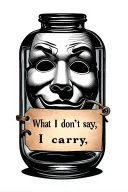 Bottle with a theatrical Mask Inside With a tag with the quote “What I don't say, I carry"  tattoo design idea