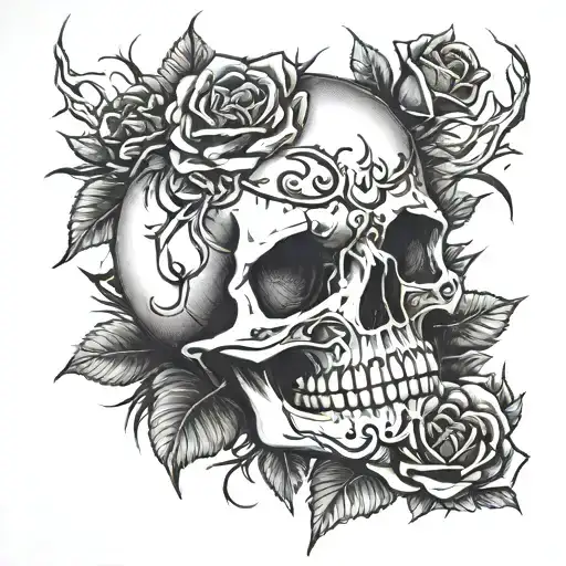skull and black and red roses with thorns from ribs to thigh tattoo design idea