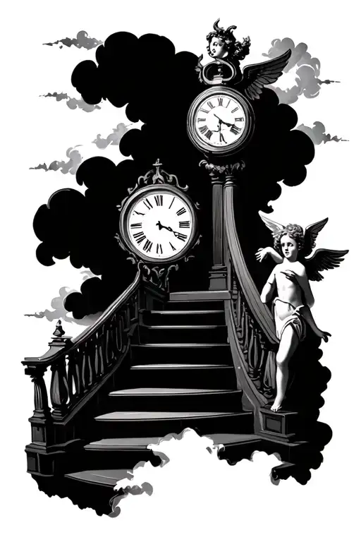 stair way with clouds a broken clock and a cherub tattoo design idea