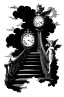 stair way with clouds a broken clock and a cherub tattoo design idea
