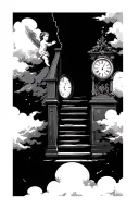 stair way with clouds a broken clock and a cherub tattoo design idea