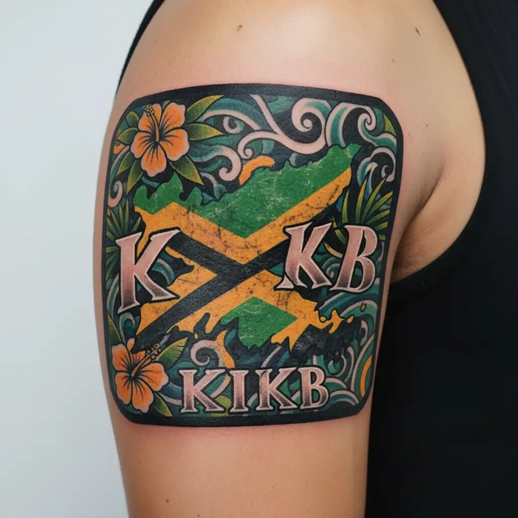 "KKB" Jamaica Flag cut diagonally tattoo design idea