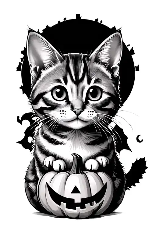 tabby cat and pumpkin halloween cute tattoo design idea