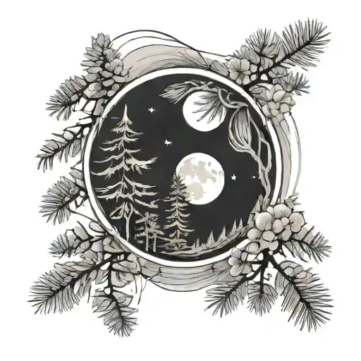 Shoulder tattoo of a moon with pine trees below that reach the moon. At the base of the pine trees are three flowers tattoo design idea