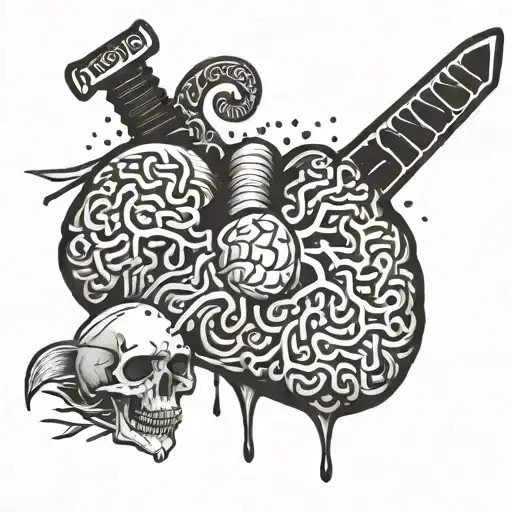heart and brain cut in half with blood with a katana tattoo design idea