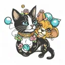 cat and dog tattoo with bubbles balloon and orchid tattoo design idea