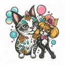 cat and dog tattoo with bubbles balloon and orchid tattoo design idea