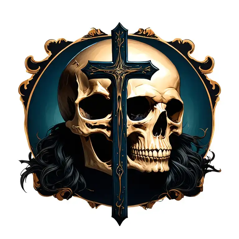 big cross and behind a skull tattoo design idea