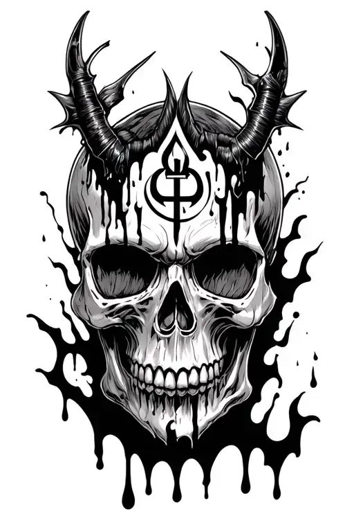 Skull with melting flesh and Brand of Sacrifice symbol of berserk in the forehead  tattoo design idea