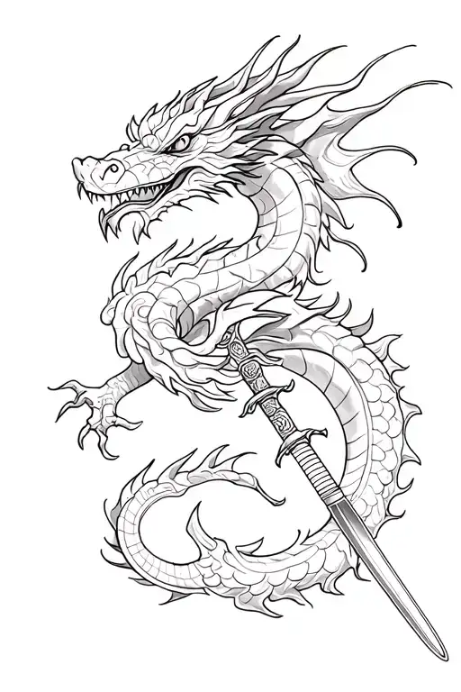 Dragon Rosa Katana in fire tattoo design idea