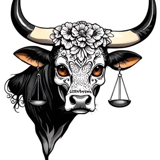 feminine bull with sugar skull markings, brown eyes and 2 Libra scales and dark background tattoo design idea
