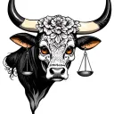 feminine bull with sugar skull markings, brown eyes and 2 Libra scales and dark background tattoo design idea