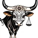 feminine bull with sugar skull markings, brown eyes and 2 Libra scales and dark background tattoo design idea