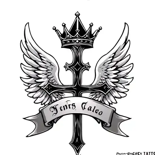 cross with crown and wings names in the middle tattoo design idea