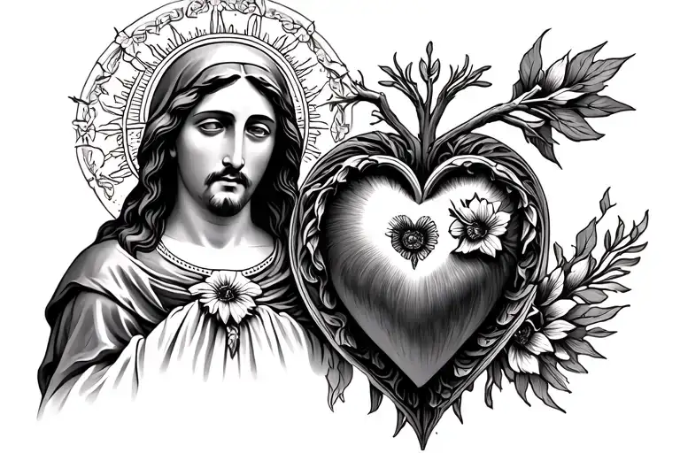 mary and jesus and sacred heart where my heart is tattoo design idea