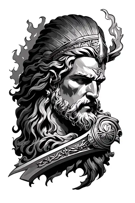 Ares god of war, Zeus god of thunder, Athena goddess of wisdom, Greek Pillars and fire, tattoo design idea