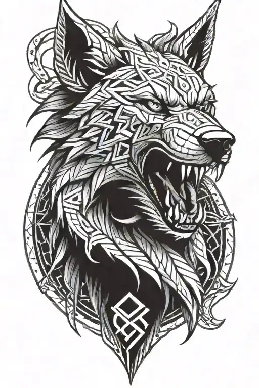 angry fenrir with runes wrapping, nordic tattoo design idea